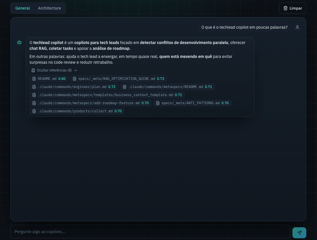 Chat do TechLead Copilot respondendo a uma pergunta sobre o sistema, citando os arquivos de spec usados como fonte.